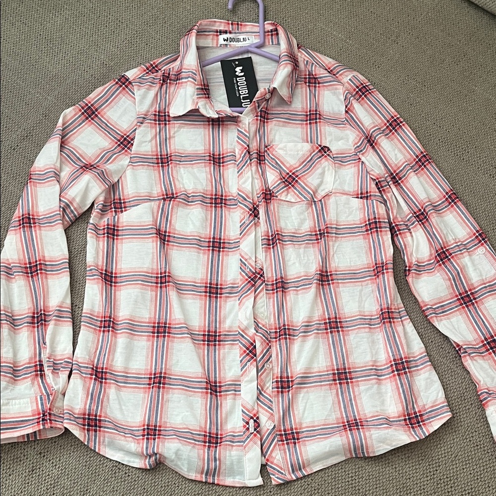 Doublju Red and White Plaid Shirt